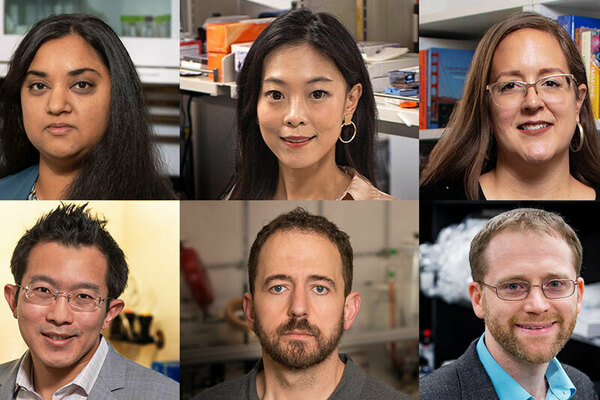 A collage of headshot photos featuring six Notre Dame engineering faculty who won NIH MIRA awards to support biomedical research in 2023.